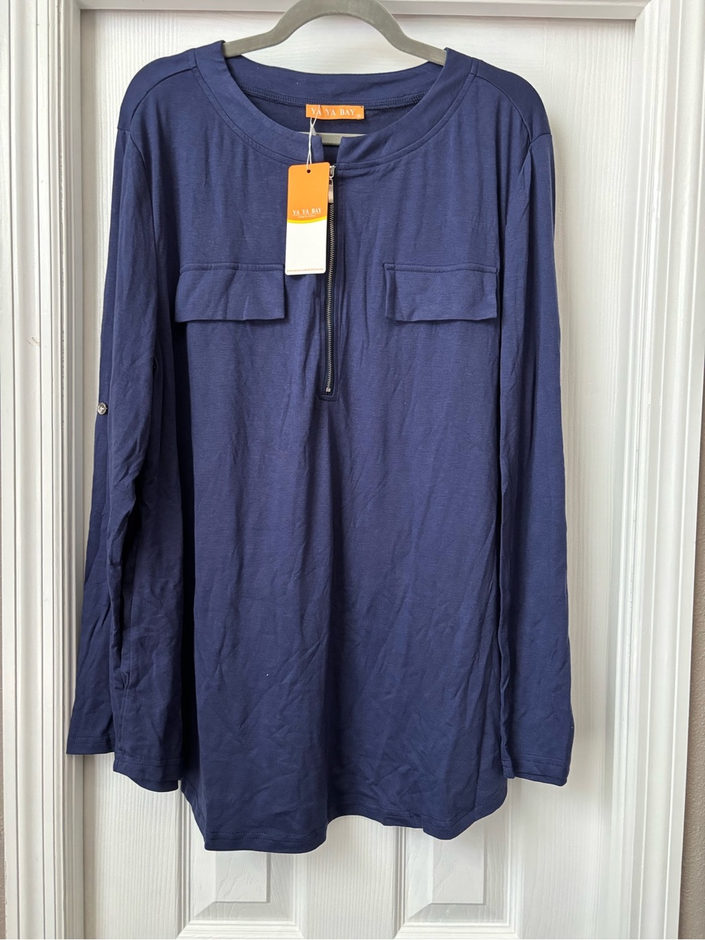Ya Ya Bay Navy Zip-Front Long Sleeve Top
